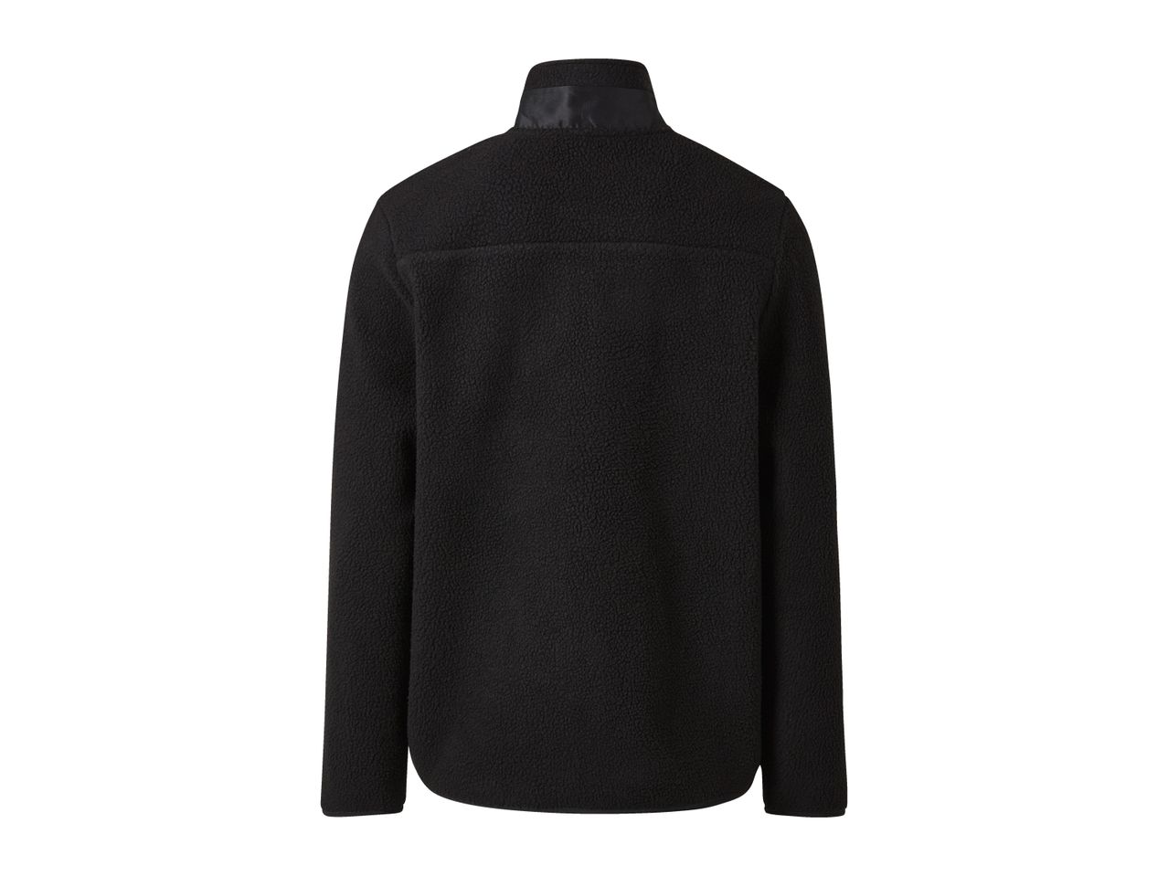 Black fleece jacket with a stand-up collar, back view.