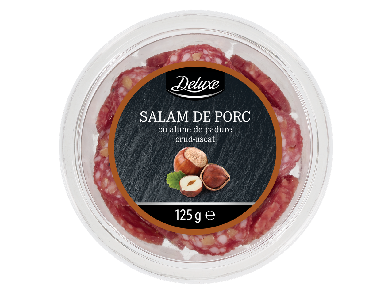 Salam de porc Deluxe cu alune, 125 g.