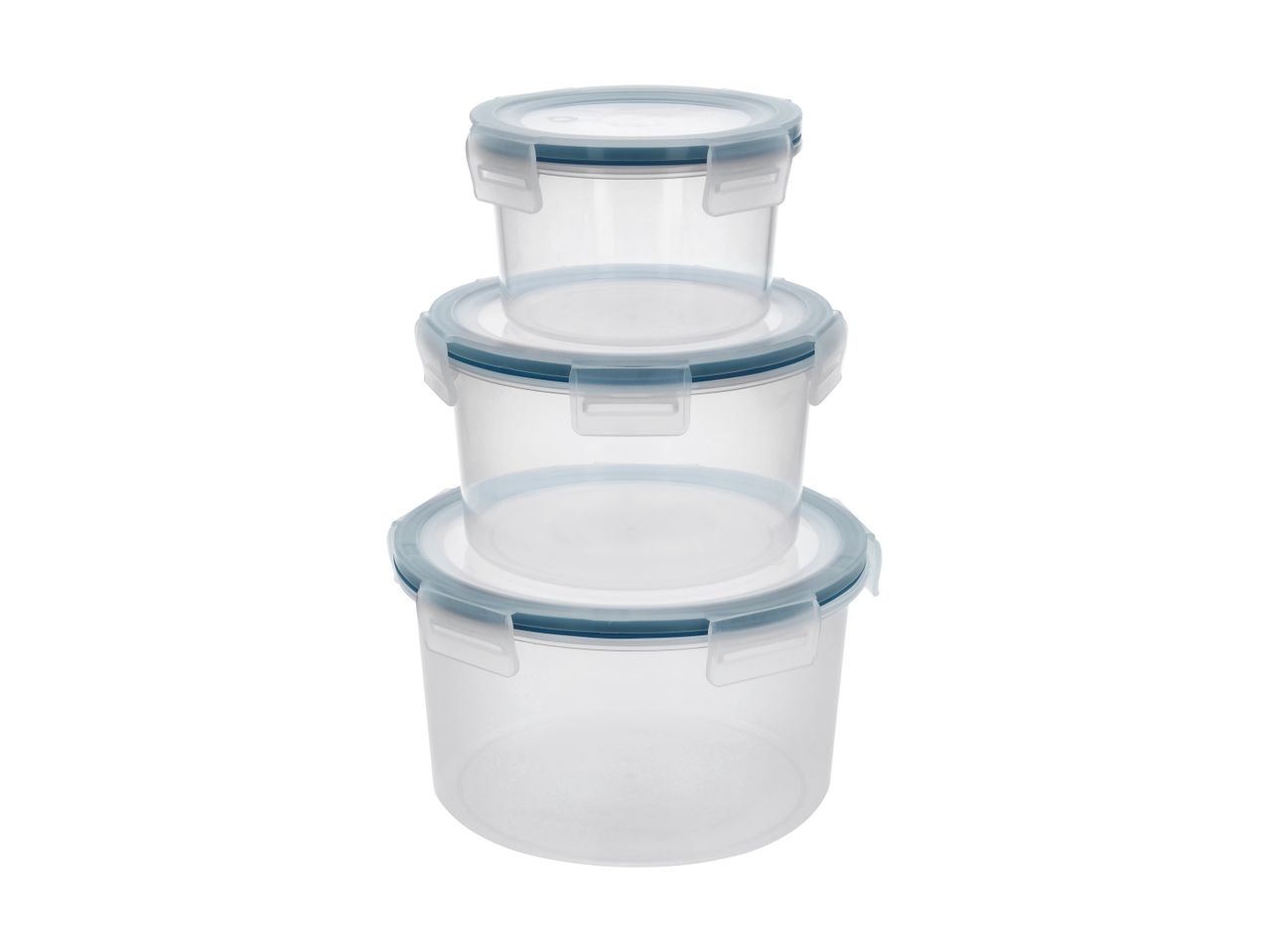 Stack of three round, clear plastic food storage containers with light blue lids.