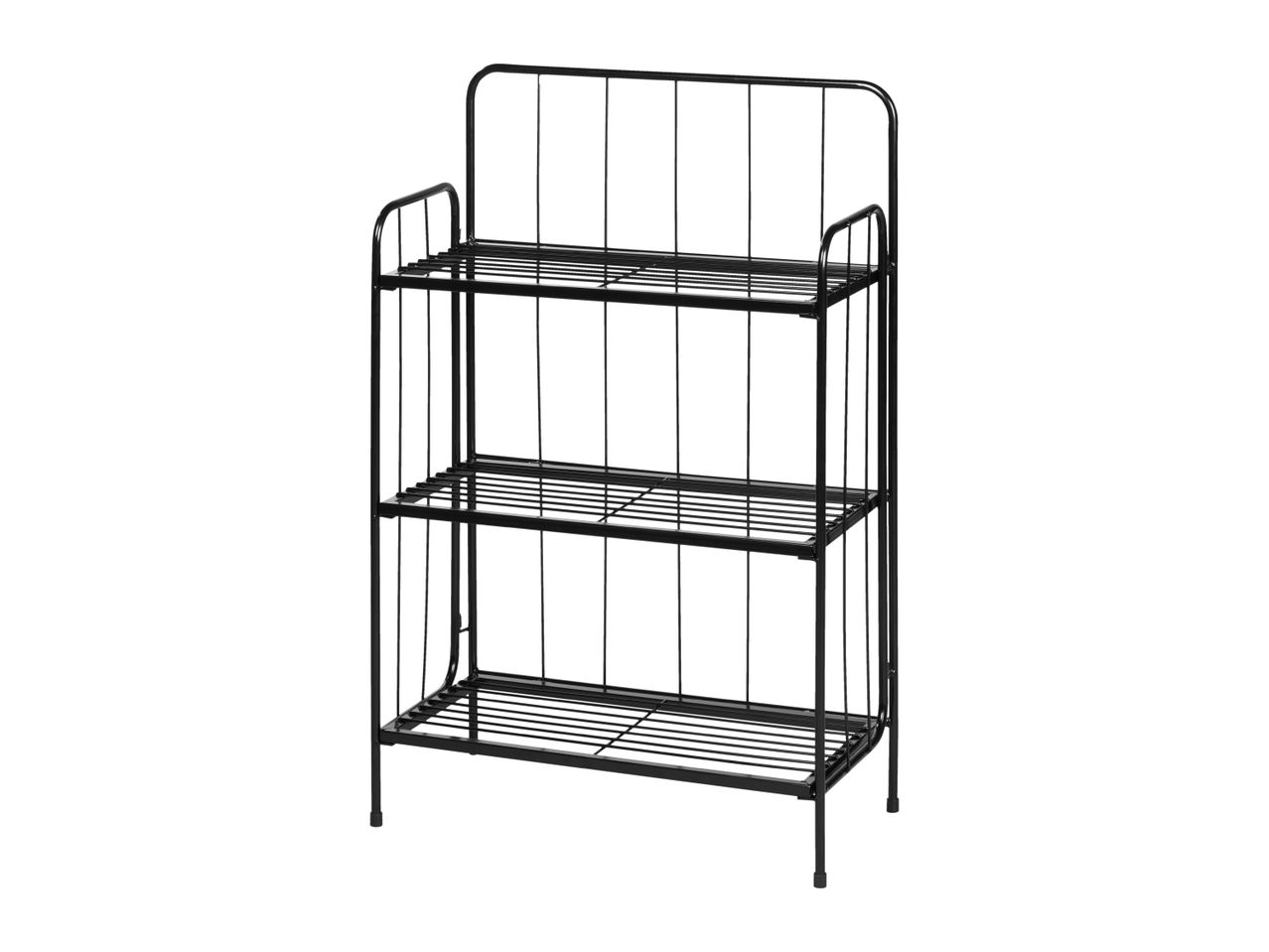 Black metal 3-tier shelving unit with slatted shelves and a decorative top rail.