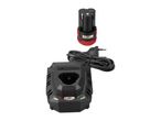 A black and red cordless tool battery and a matching black charger with a power cord.