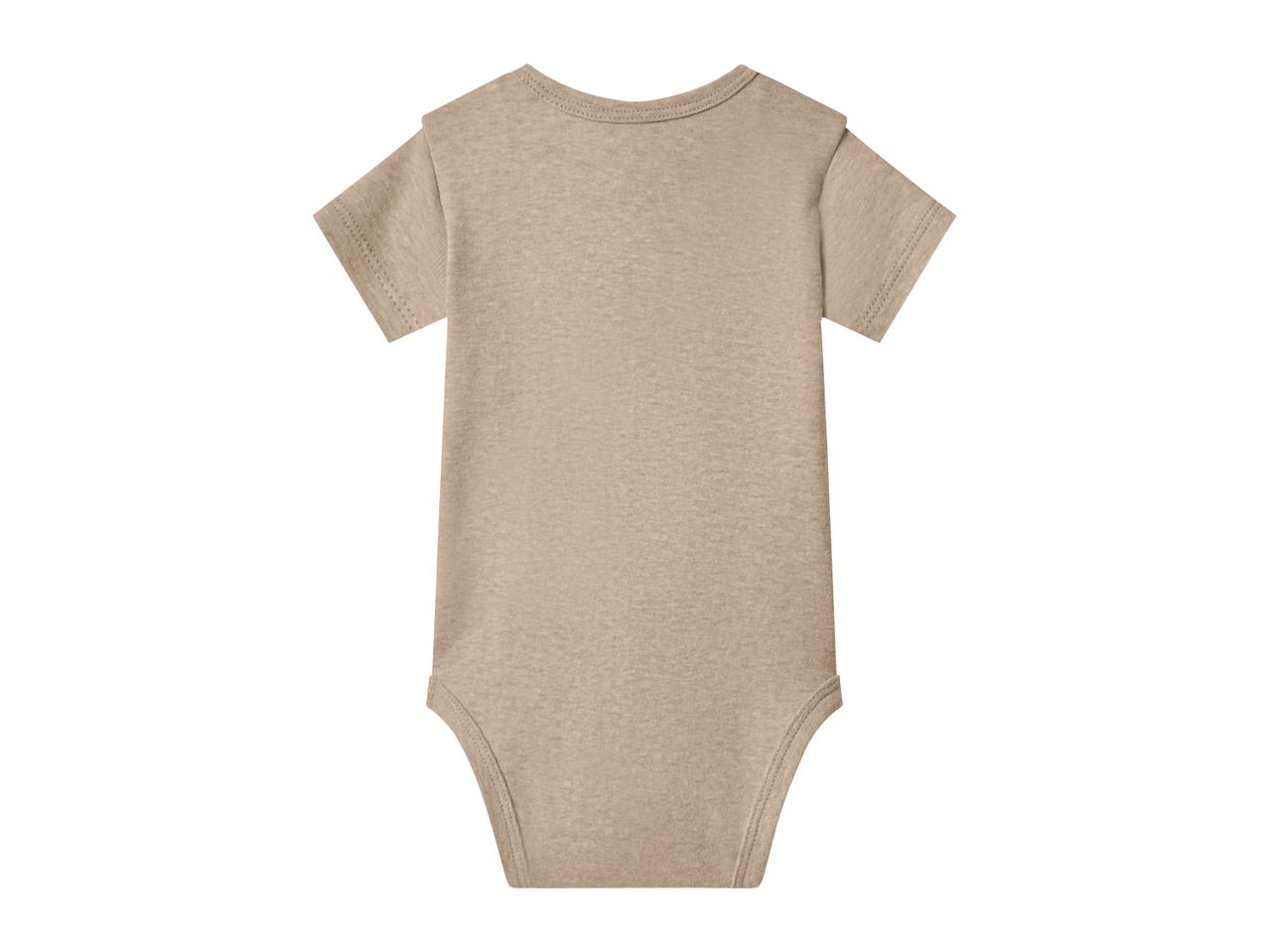 Back view of a plain beige short-sleeved baby bodysuit.