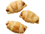 Trois croissants au sésame fourrés de saucisses.