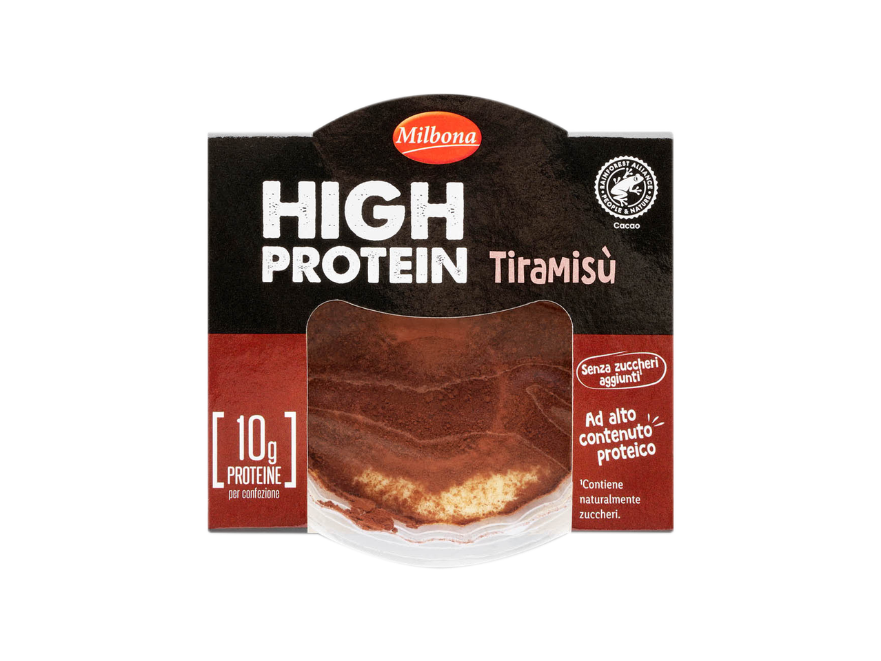 Milbona High Protein Tiramisu with 10g protein per serving, no added sugar, and Rainforest Alliance certified cacao.