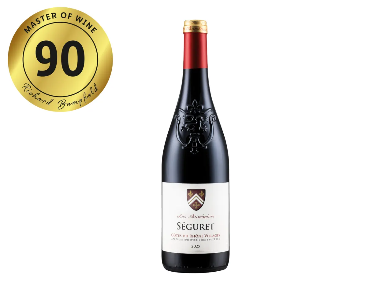 Red wine bottle with a gold 90-point Master of Wine rating from Richard Bampfield.