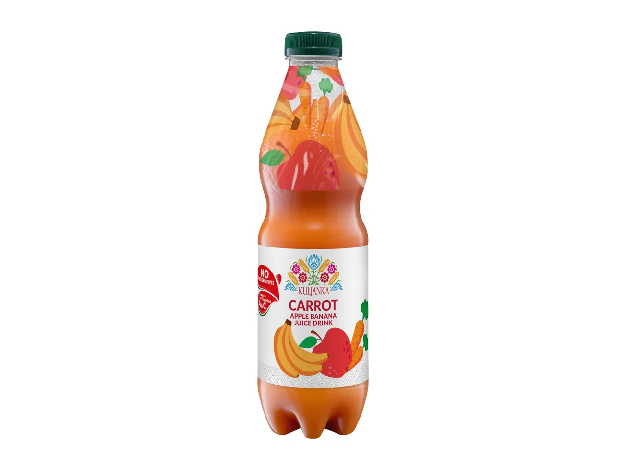 Carrot, apple, and banana juice drink in a clear bottle with a green cap and colorful fruit label.