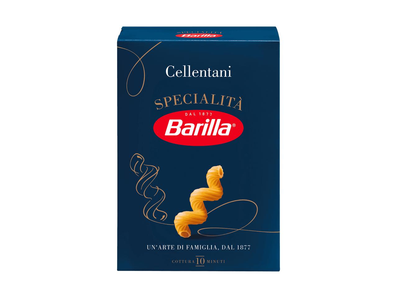 Paquet de pâtes Cellentani sur fond bleu foncé avec des motifs dorés.