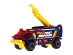 Hot Wheels First Response toy truck in blue and yellow with a red siren.