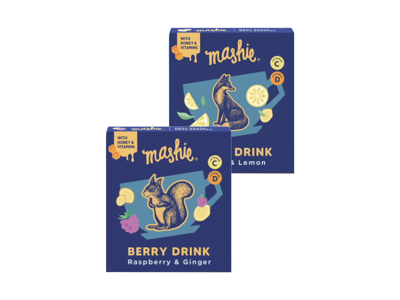 Du „Mashie“ gėrimų pakeliai: vienas su lape ir citrinomis, kitas su vovere, avietėmis ir imbieru.