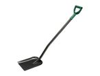 A black shovel with a green D-handle