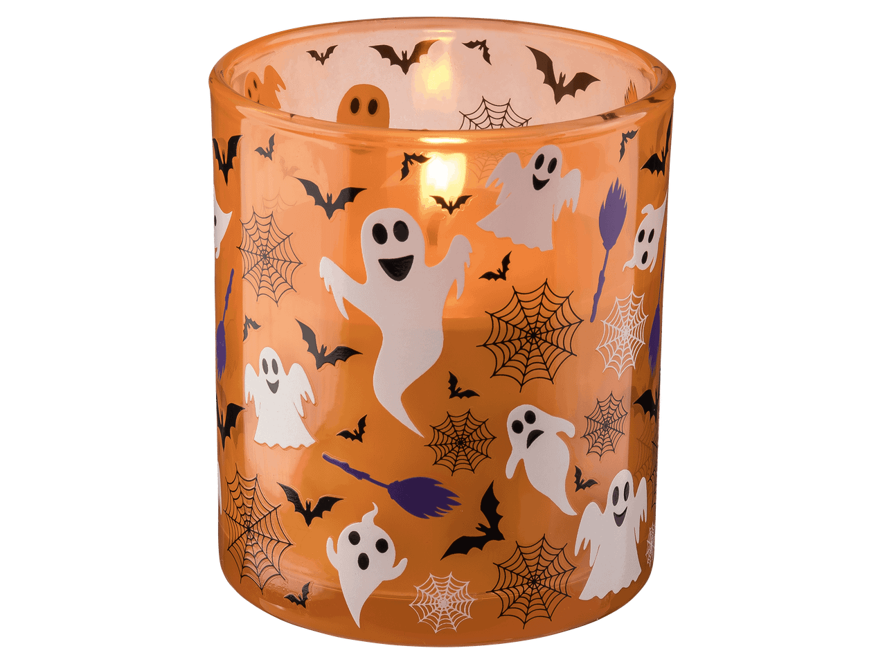 Narancssárga, szellemes és denevéres mintájú halloweeni mécsestartó.