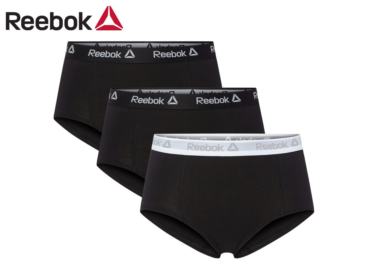 Three pairs of black women's briefs with a white elastic waistband featuring a repeating logo.