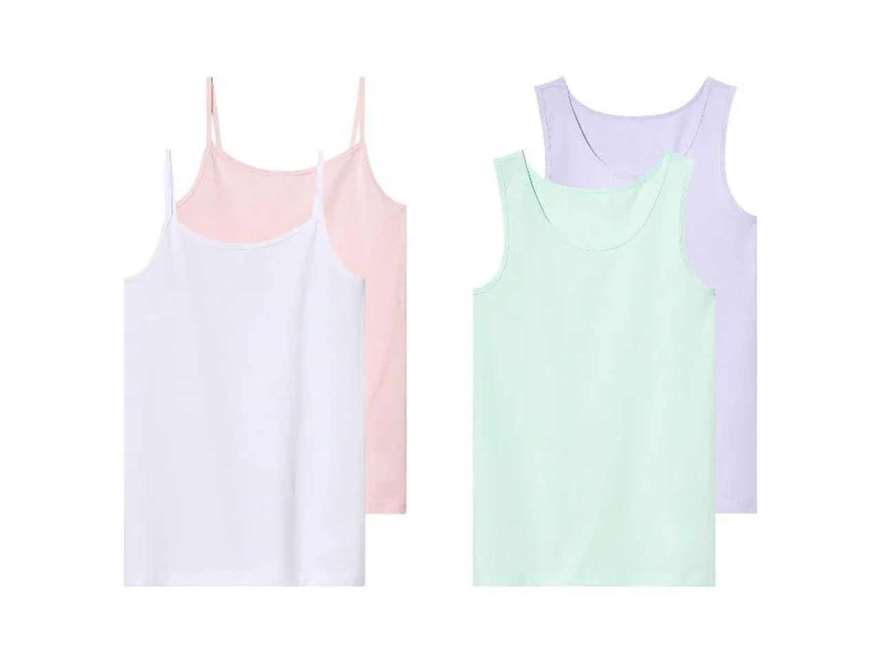 Drei Packungen Mädchen-Camisoles in Weiß, Rosa und Hellgrün.