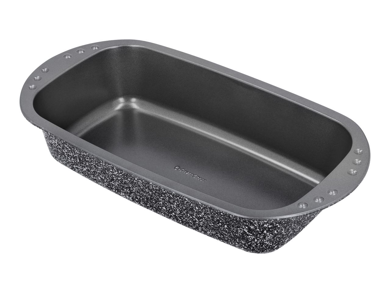 Dark grey loaf pan with a speckled exterior, viewed from an angle.