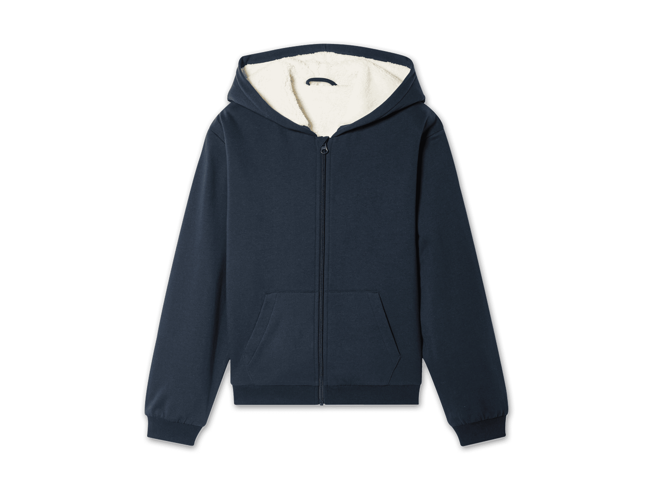 Dunkelblaue Kinder-Kapuzenjacke mit weichem, hellem Teddyfutter.