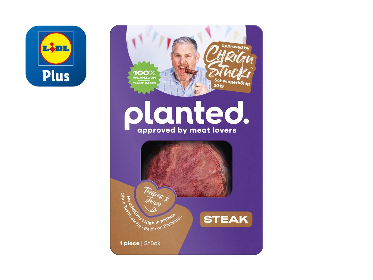 Steak végétal Planted, approuvé par les amateurs de viande, en emballage Lidl Plus.