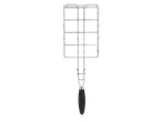 Grelha de metal para churrasco com cabo preto.