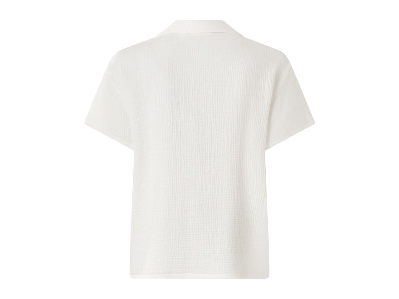 White short-sleeved shirt with a textured fabric, seen from the back.