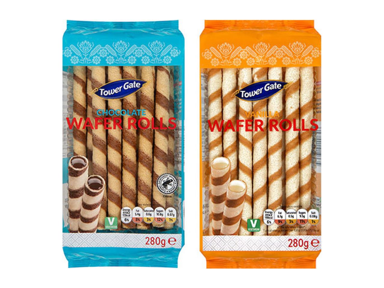 Chocolate and vanilla wafer rolls in blue and orange packaging, 280g each.