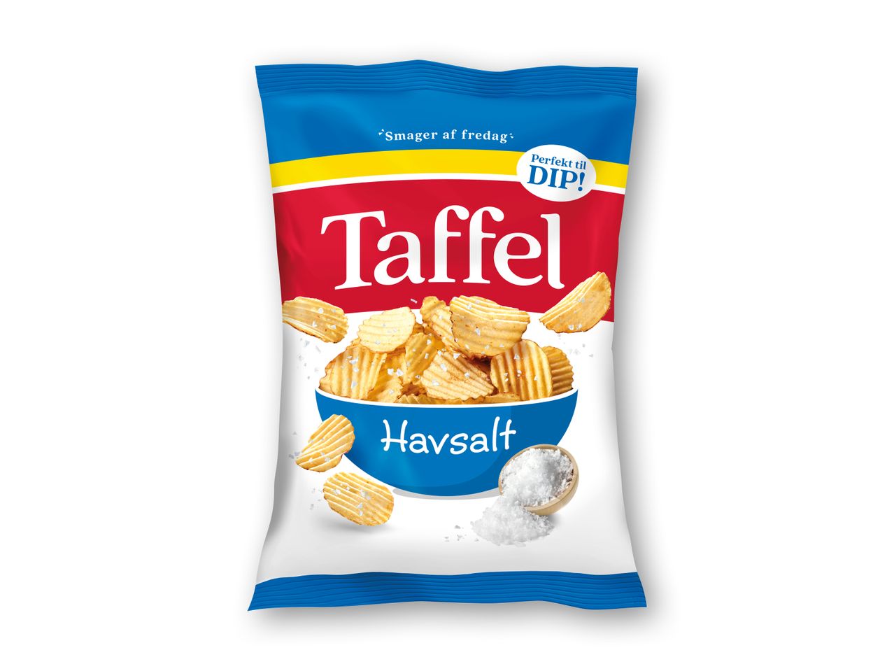 En pose rillede chips med havsalt, der flyver ud af en blå skål, med teksten 'Smager af fredag' og 'Perfekt til DIP!'