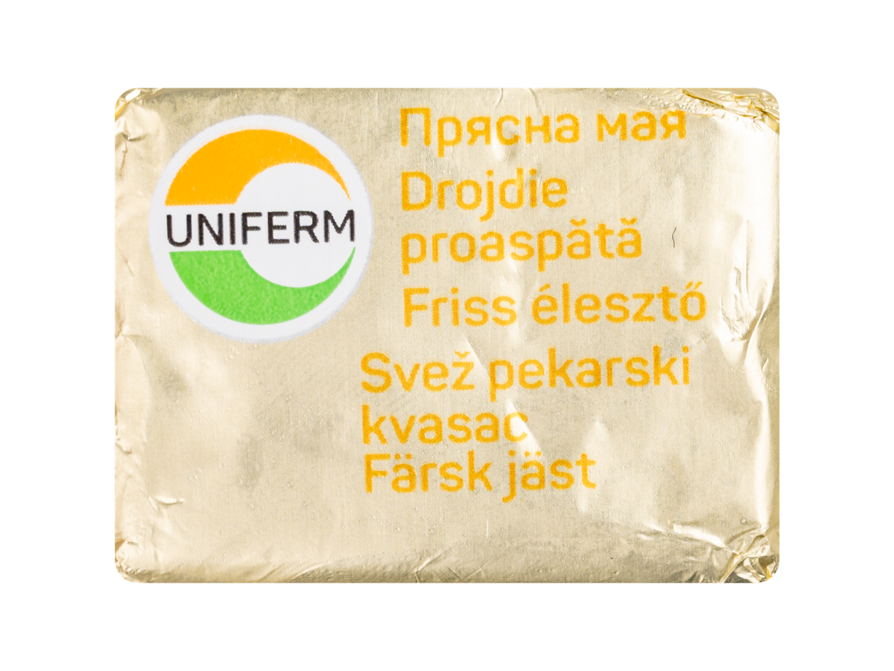Pliculeț de drojdie Uniferm etichetat în mai multe limbi.