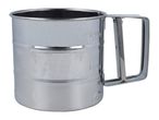 Stainless steel flour sifter with a handle and measurement markings