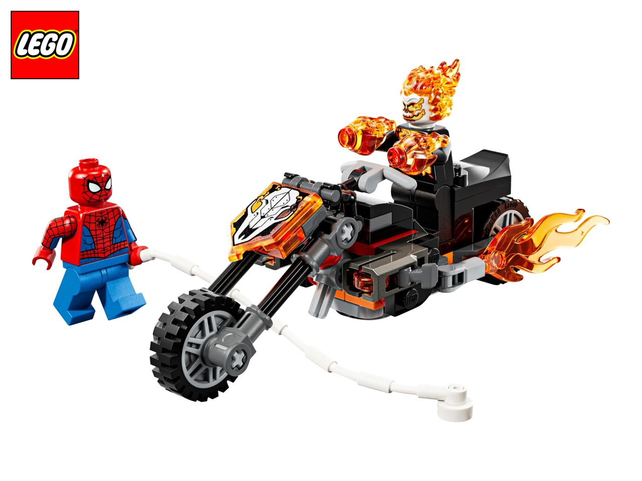 A toy set featuring a superhero minifigure and a flaming skull minifigure on a motorcycle.