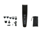 Crni trimer za bradu i kosu s raznim nastavcima, uljem, četkicom, USB kabelom i torbicom.