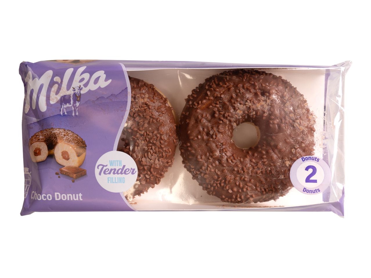 Milka Choco Donut cu umplutură, pachet de 2 gogoși cu glazură de ciocolată și bucățele de ciocolată.