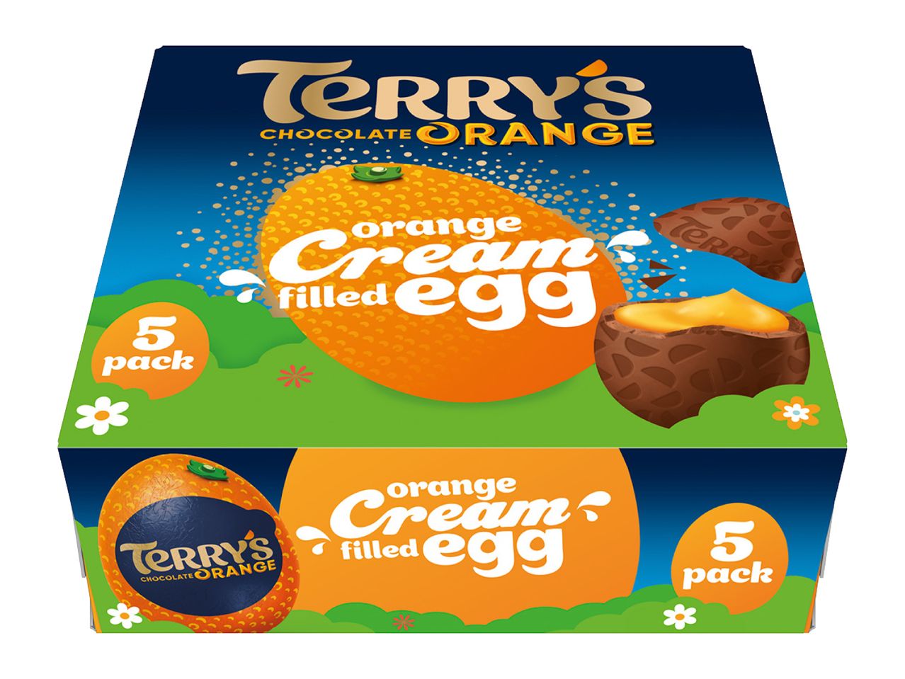 A 5-pack of chocolate orange cream-filled eggs, with one egg broken open to show the filling.