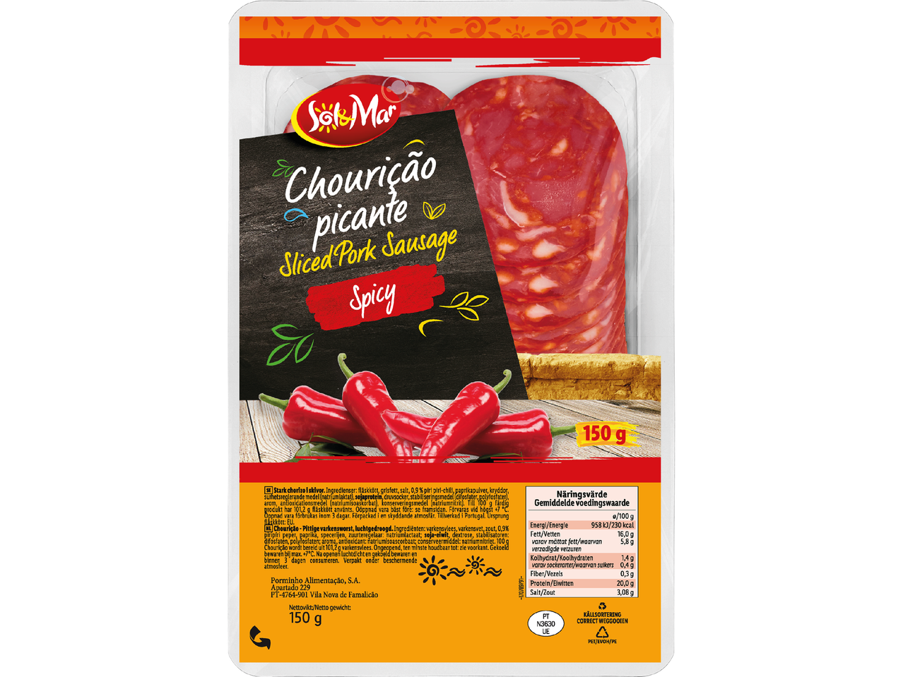 Förpackning med skivad kryddig fläskkorv av märket Sol & Mar, med röd chilipeppar.