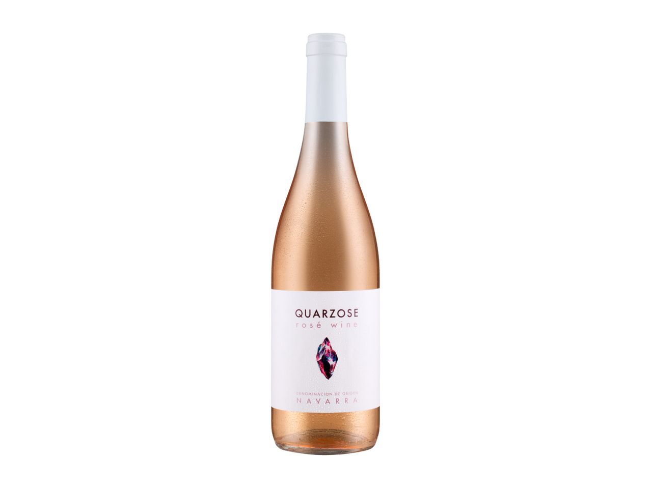 A bottle of rosé wine with a white label featuring a colorful gemstone design.