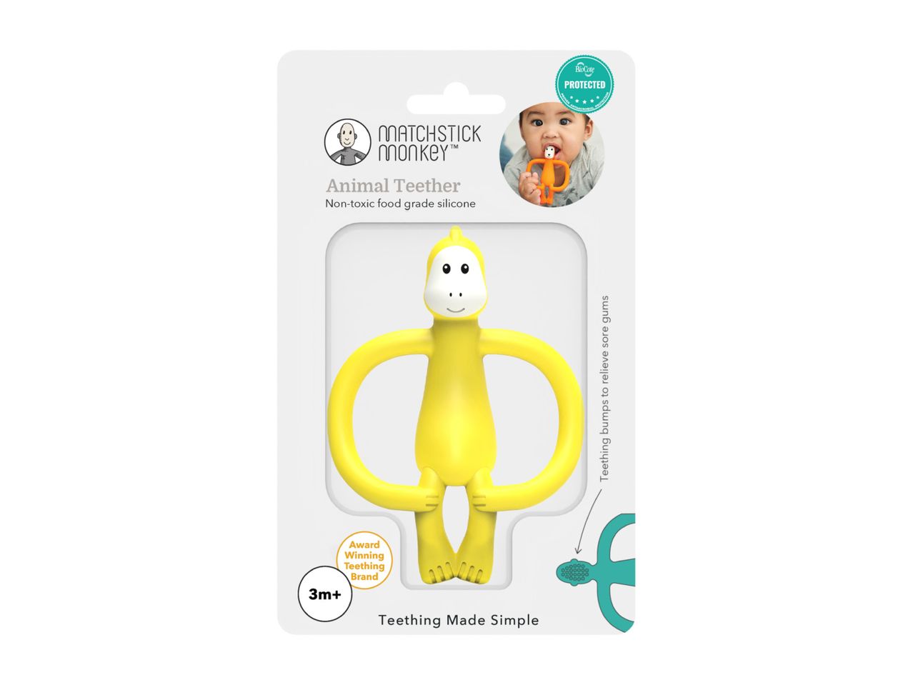 Yellow animal-shaped silicone teether for babies, with text indicating it's for 3m+ and helps relieve sore gums.