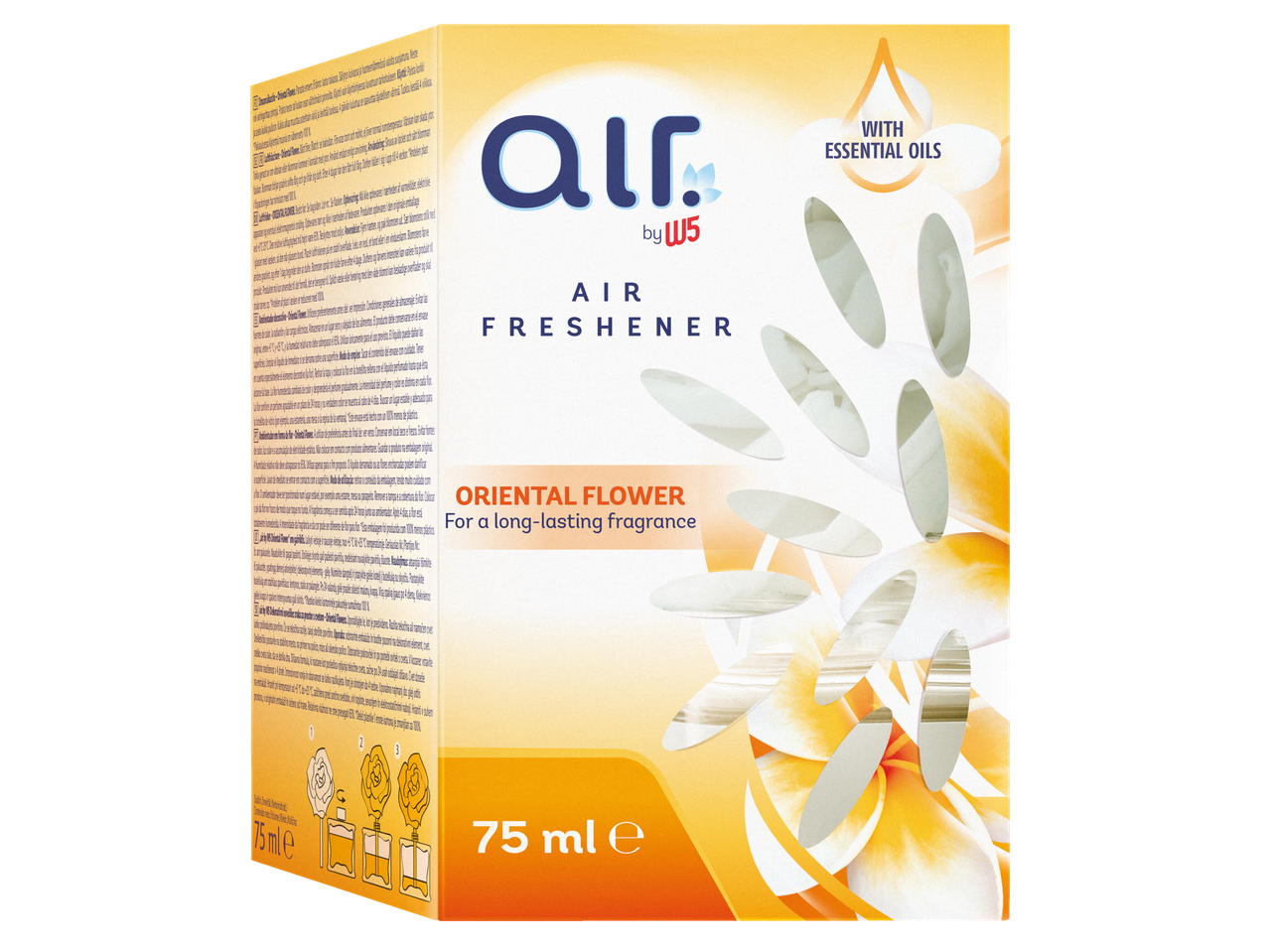 Air Freshener W5: Fragrância Oriental Flower, 75ml, com óleos essenciais.