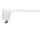 White bicycle light with a clear lens and a black hook, viewed from the side.