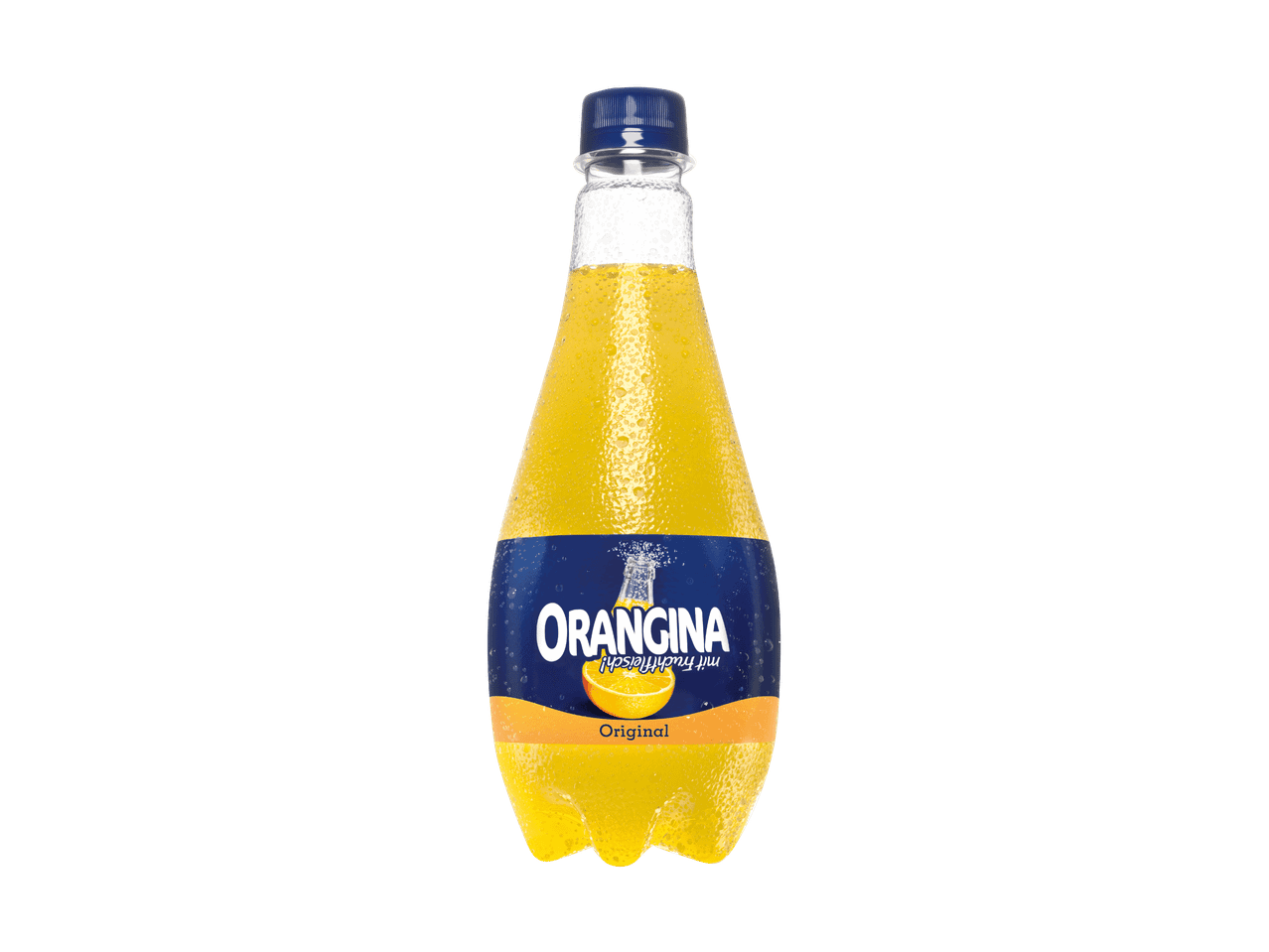 Eine Flasche Orangina Original mit Fruchtfleisch.