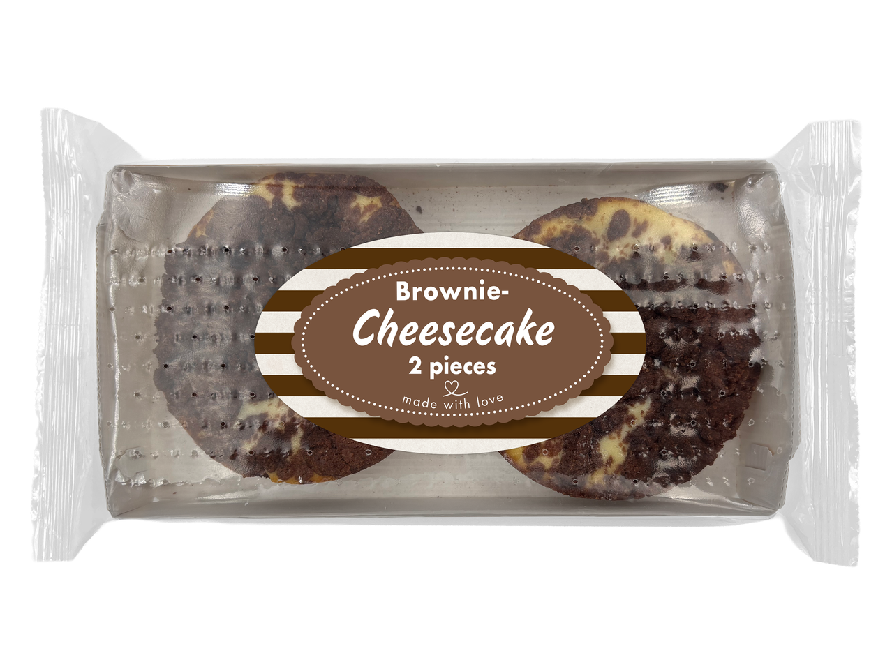 Twee verpakte brownie-cheesecakes.