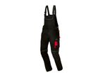 Black and red work overalls with reflective accents and multiple pockets