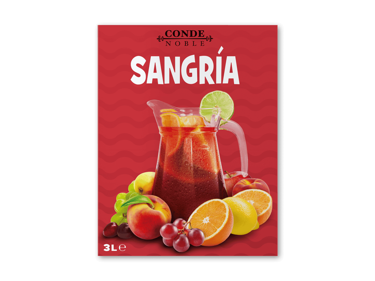 Sangria i kande med frugt som appelsiner, ferskner og druer på rød baggrund.