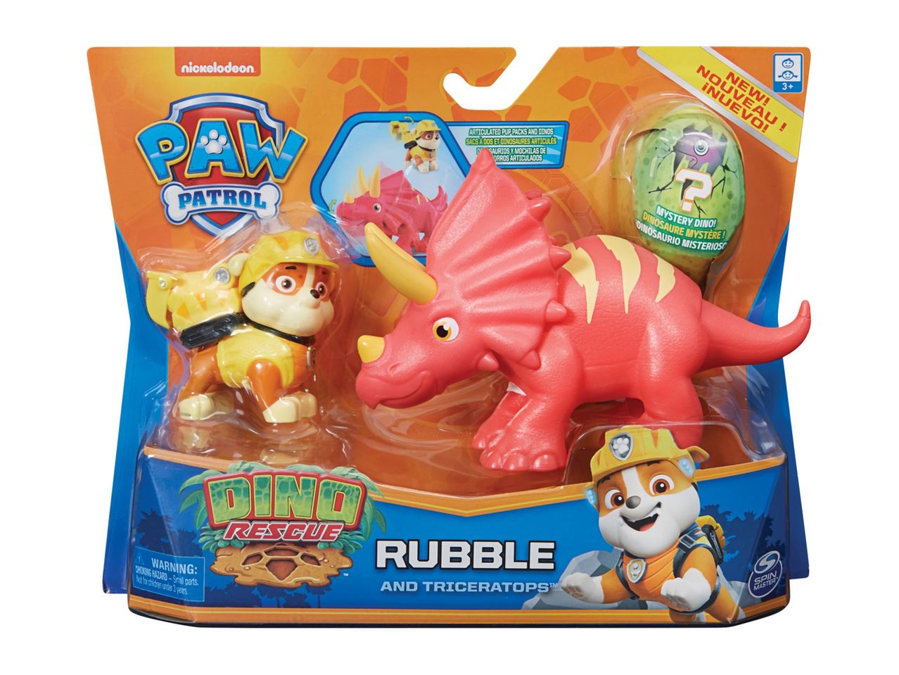 Paw Patrol Rubble Dino Rescue playset with Rubble figure and Triceratops dinosaur.