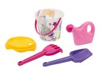 Colorful beach toy set with a bucket, watering can, sieve, rake, and shovel.