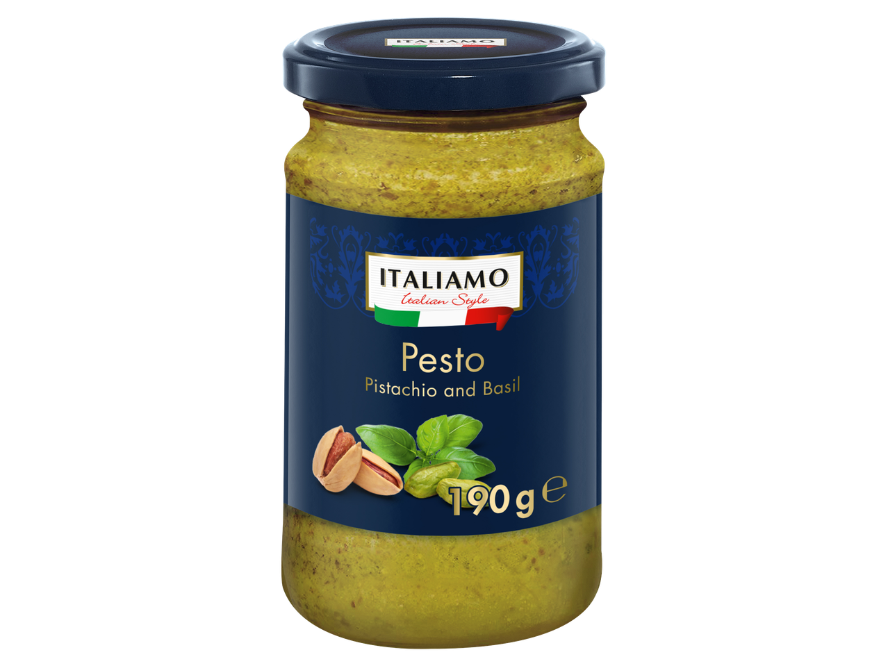 Pisztáciás és bazsalikomos pesto üvegben, 190 g-os kiszerelésben.