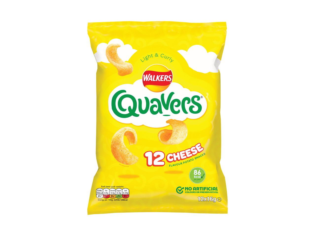 Walkers Quavers cheese flavour potato snacks.