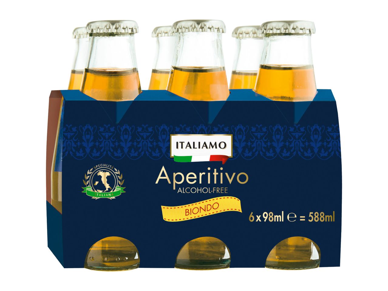 Six-pack of alcohol-free Italian aperitivo bottles, golden liquid, dark blue packaging.