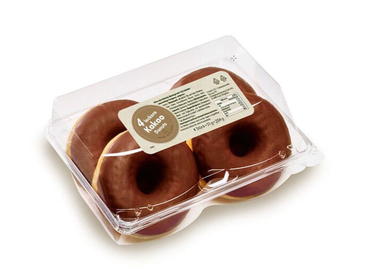 Опаковка с четири шоколадови понички с глазура, етикет с надпис „4 leckere Kakao Donuts“.