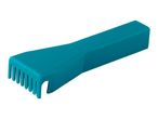 Teal plastic bottle opener with a comb-like edge.