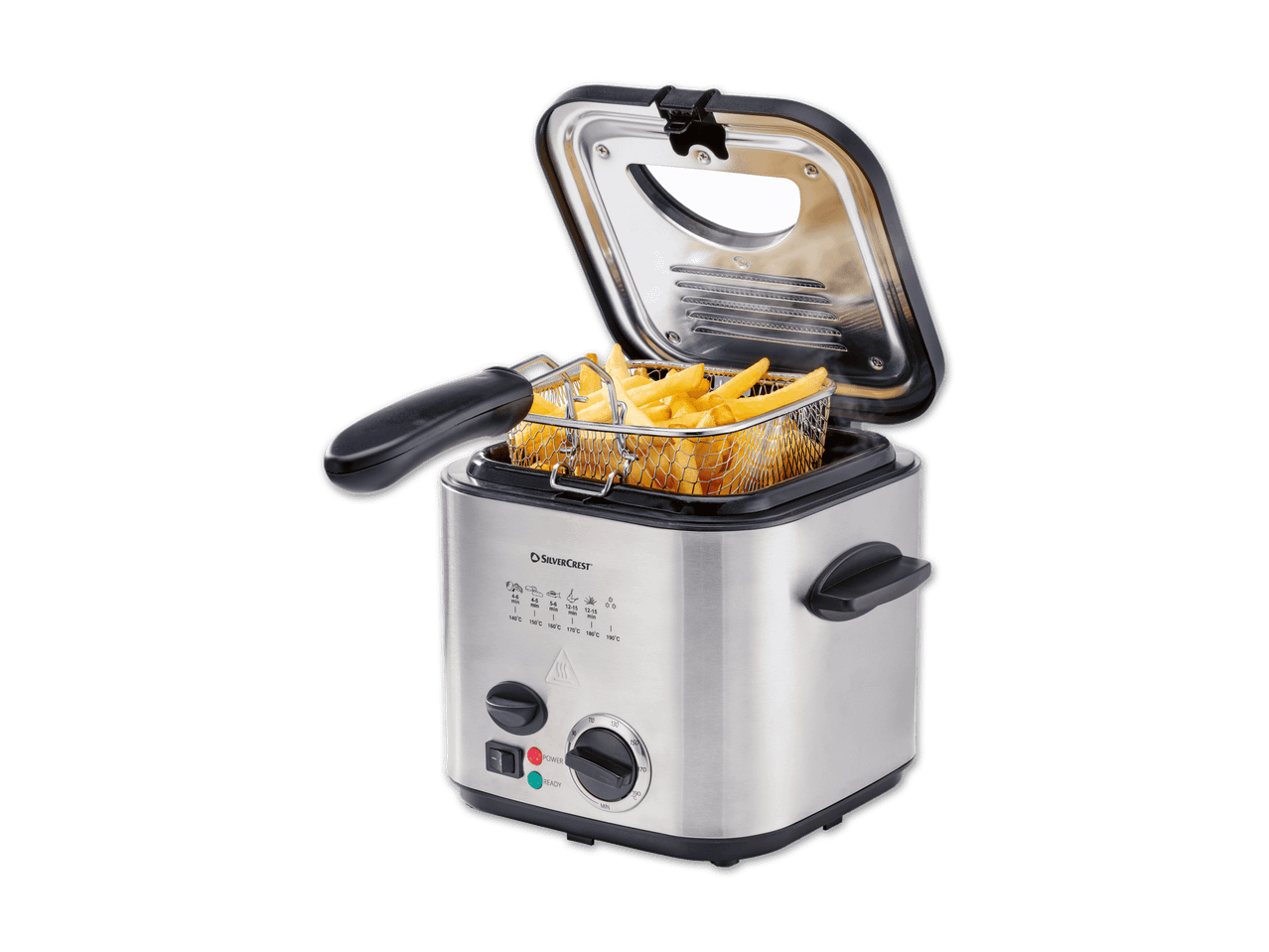 Eine kleine, silberne Friteuse von Clatronic mit Pommes frites.
