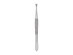 A single, silver-colored metal tweezer with a flat, angled tip.