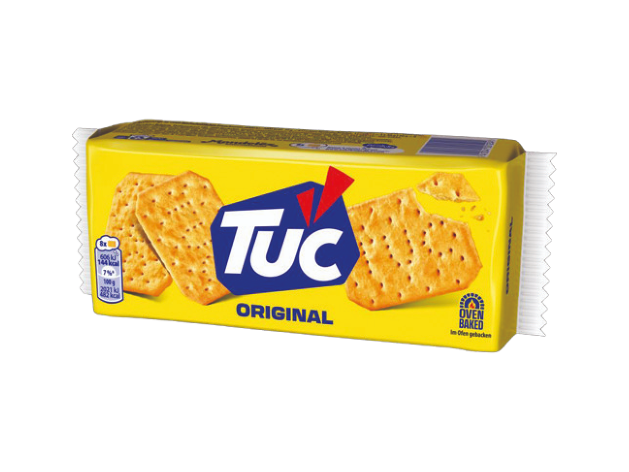 Embalagem amarela de bolachas TUC Original com bolachas estaladiças visíveis.