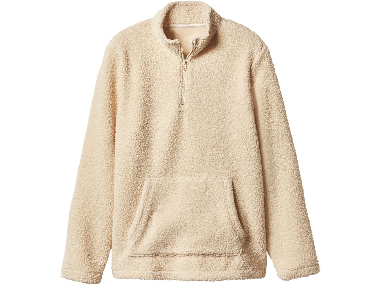 Felpa in pile beige con cerniera a un quarto e tasca a marsupio